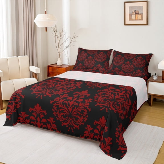 jejeloiu Baroque Floral Queen Sheet Sets,Damask Flower Print Flat Sheet,Red Black Queen Fitted Sheet For Adults,Ultra Soft Bedroom Decoration,4 Pieces