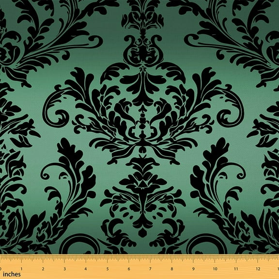 jejeloiu Baroque Gothic Theme Fabric by the Yard 1 Yard,Damask Print Home Decor Fabric by the Yard,Green Black Sewing Fabric For Adults,Ultra Soft Bedroom Decoration