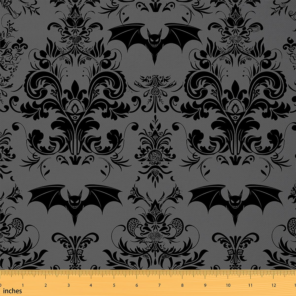 jejeloiu Baroque Gothic Theme Fabric by the Yard 3 Yards,Gray Damask Print Sewing Fabric,Halloween Spooky Bats Fabric for Sewing For Adults,Ultra Soft Bedroom Decoration