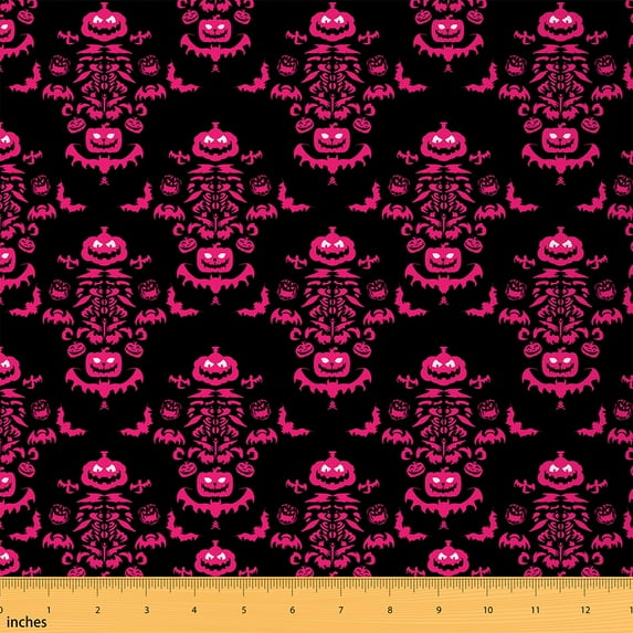 jejeloiu Baroque Gothic Theme Fabric by the Yard 3 Yards,Hotpink Black Damask Sewing Fabric,Halloween Pumpkin Bat Fabric for Sewing For Adults,Ultra Soft Bedroom Decoration