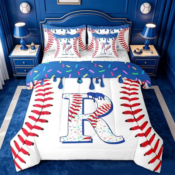 jejeloiu Baseball Ball Sports 7-Piece Twin Bedding Sets For Boys,Kids Personalized Monogrammed R Design Bedding Comforter Set,Reversible