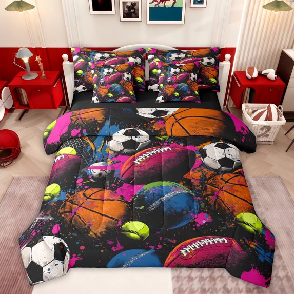 jejeloiu Baseball Basketball Football 7-Piece Twin Bedding Sets,Ball Sport Games Bedding Comforter Set For Kids Reversible