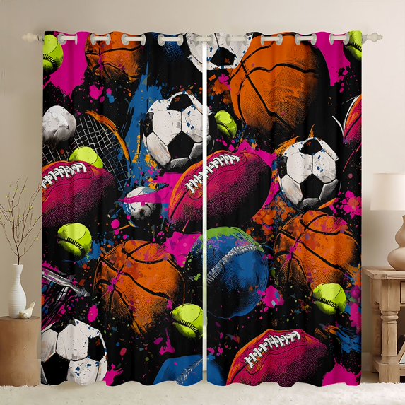 jejeloiu Baseball Basketball Football Curtains Pack of 2 (42x84 Each),Ball Sport Games Curtains Blackout For Kids