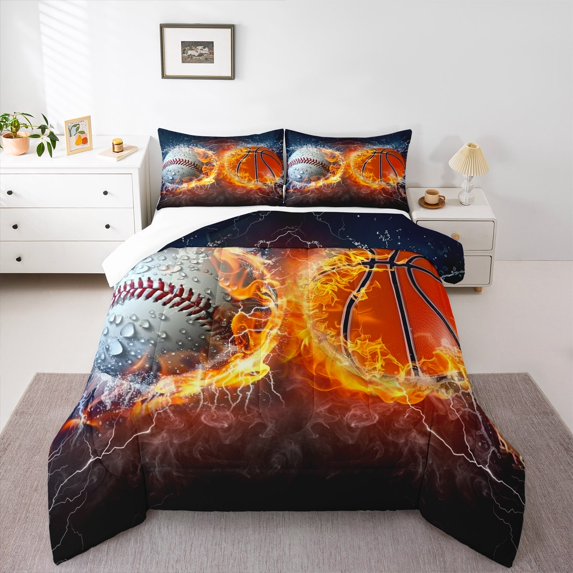 jejeloiu Baseball Basketball King Size Comforter Sets,Sports Theme Bedding Comforter Set,Boys Ball Games Bedding Set,Luxury Bedroom Decor,3pcs