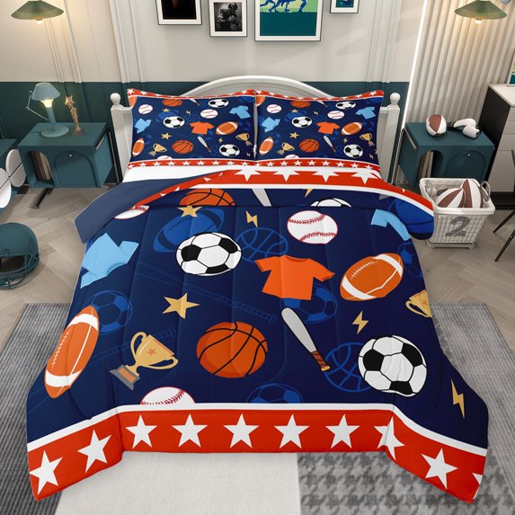 jejeloiu Baseball Basketball Rugby Queen Comforter Set,Ball Sport Game Bedding Sets,Cartoon Baseball Stars Bedding Comforter Set For Boys Girls,Super Cozy Room Decor Reversible,3 Pieces