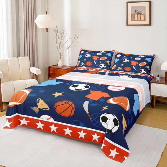 jejeloiu Baseball Basketball Rugby Twin Sheet Sets,Ball Sport Game Twin Fitted Sheet,Cartoon Baseball Stars Flat Sheet For Boys Girls,Super Cozy Room Decor,3pcs