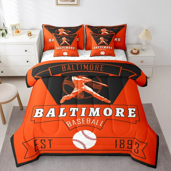 jejeloiu Baseball Bedding Comforter Set 7-Piece,Sport City King Bedding Sets,Baltimore Bed Sheets For Teens Kids,Breathable Home Decor Reversible
