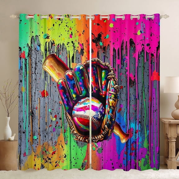 jejeloiu Baseball Black Out Curtains,Ball Sport Game Curtains Pack of 2 (42x63 Each),Multicolor Splatter Ink Bedroom Curtains For Children,Microfiber Bedroom Decor