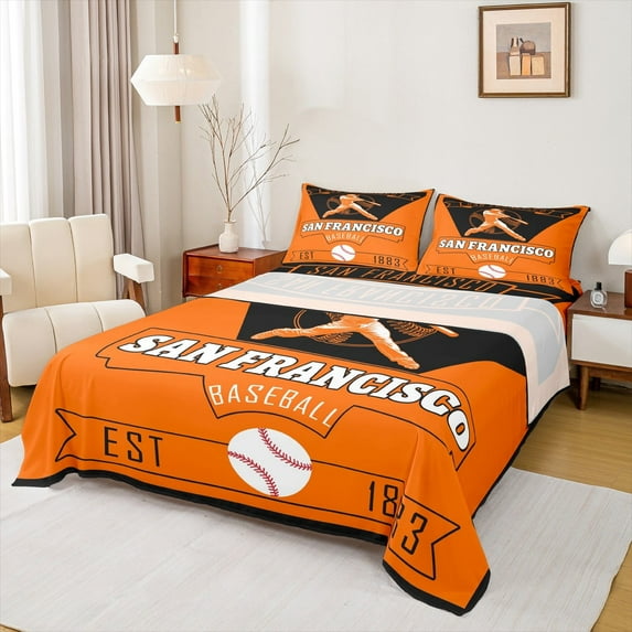 jejeloiu Baseball City Full Size Sheets,San Francisco Bed Sheets,Orange Black Sheet Sets For Child,Luxury Bedroom Decor,4pcs