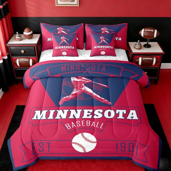 jejeloiu Baseball City Twin Bedding Sets 7-Piece,Minnesota Bedding Comforter Set,Red Deepblue Sheet Sets For Child,Luxury Bedroom Decor Reversible