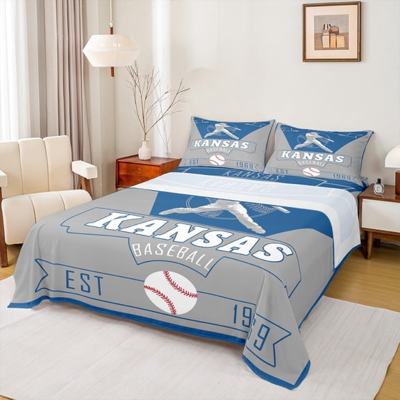 jejeloiu Baseball City Twin Sheet Sets,Kansas Twin Fitted Sheet,Gray Blue Flat Sheet For Child,Luxury Bedroom Decor,3pcs
