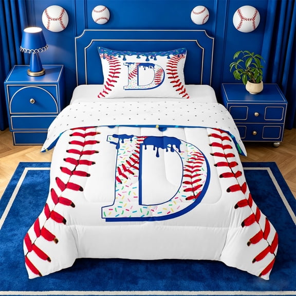 jejeloiu Baseball Cream Print Monogram D Twin Comforter Sets For Kids,Watercolor Drip Initial Print Bedding Set,Reversible,2-Piece