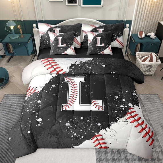 jejeloiu Baseball Game 7 Pieces Bedding Comforter Set,Ball Sport Lover Full Bedding Set,First Letter L Fitted Sheet Flat Sheet For Girls,Super Cozy Room Decor Reversible