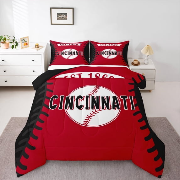 jejeloiu Baseball Game Bedding Comforter Set,Sport City Twin Comforter Sets,Cincinnati Bedding Set For Boys Kids,Ultra Soft Home Decor Reversible,2pcs