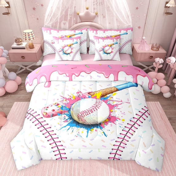 jejeloiu Baseball Game Gaming 7-Piece Twin Bedding Sets,Colorful Splashing Ink Bedding Comforter Set For Kids Reversible