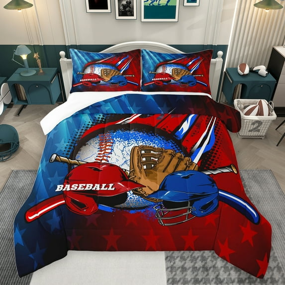 jejeloiu Baseball Game Lovers Full Size Comforter Sets,Ball Sport Helmet Bedding Comforter Set,Red Blue Bedding Sets For Kids,Luxury Bedroom Decor,3-Piece