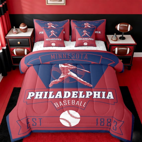 jejeloiu Baseball Game Twin Bedding Sets 7-Piece,Sport City Bedding Comforter Set,Philadelphia Sheet Sets For Boys Teens,Ultra Soft Home Decor Reversible