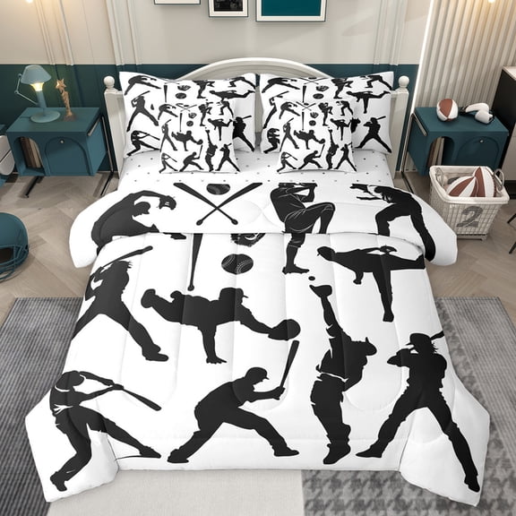 jejeloiu Baseball Gamer Game 7-Piece Twin Bedding Sets,Boys Ball Sports Bedding Comforter Set,White Black Sheet Sets For Boys Teens,Super Cozy Room Decor Reversible