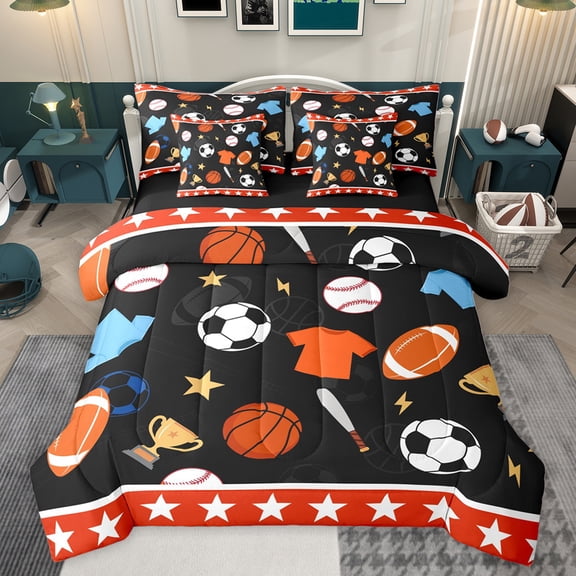 jejeloiu Baseball Gamer Gaming 7pcs Bedding Comforter Set,Football Rugby Sport Queen Bedding Sets,Game Trophy Queen Sheet Sets For Boys Kids,Ultra Soft Home Decor Reversible
