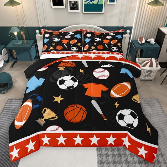 jejeloiu Baseball Gamer Gaming Queen Comforter Set,Football Rugby Sport Bedding Sets,Game Trophy Bedding Comforter Set For Boys Kids,Ultra Soft Home Decor Reversible,3pcs