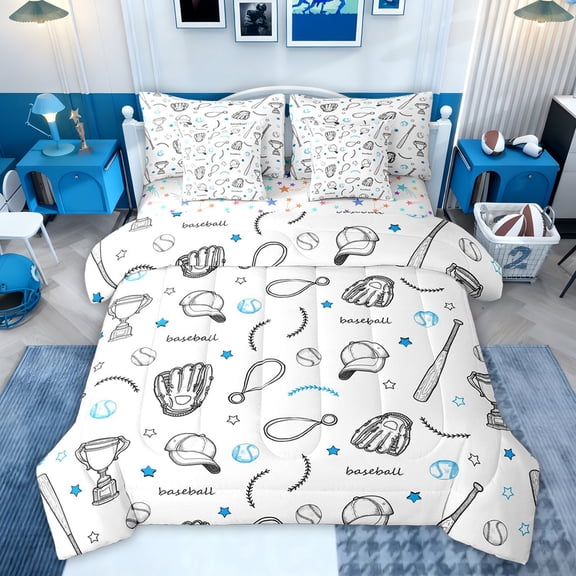jejeloiu Baseball Games 7-Piece Twin Bedding Sets,Cute Cartoon Stars Bedding Comforter Set For Boys Reversible