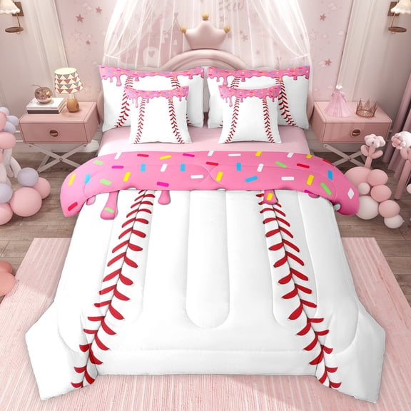 jejeloiu Baseball Games 7-Piece Twin Bedding Sets,Ice Cream Print Bedding Comforter Set For Girls Teens Reversible