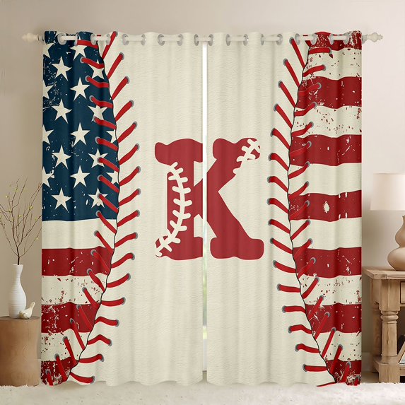 jejeloiu Baseball Games Blackout Curtains Set of 2 (52x84 Each),Letter K Monogrammed Window Curtains For Boys Kids