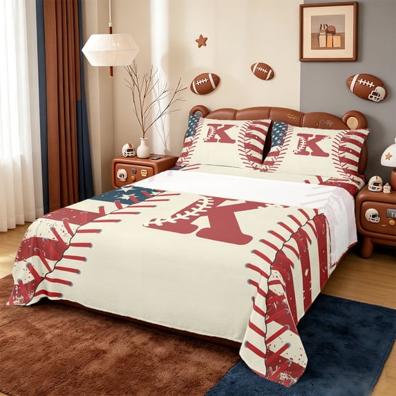 jejeloiu Baseball Games Queen Sheet Sets,Letter K Monogrammed Bed Set For Boys Kids 4-Piece