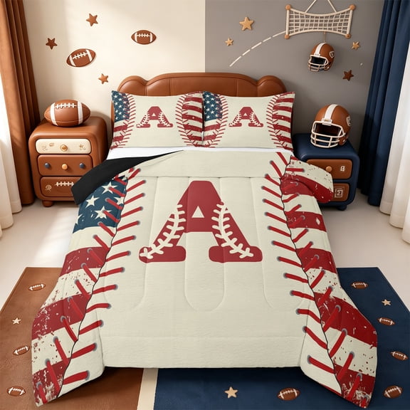 jejeloiu Baseball Games Twin Comforter Sets,Letter A Monogrammed Bedding Set For Boys Kids Reversible 2-Piece