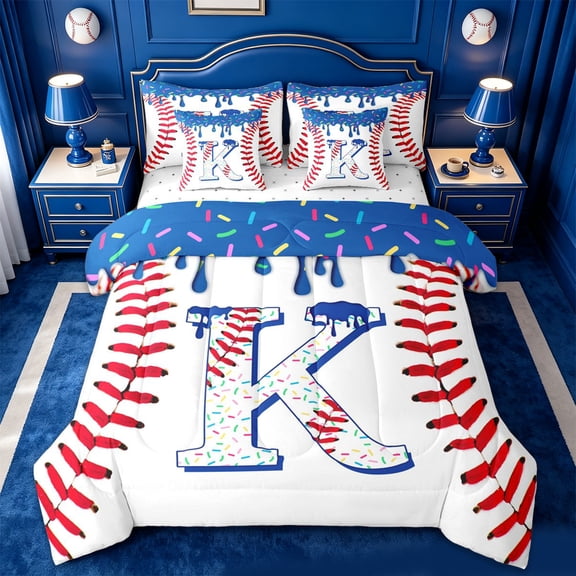 jejeloiu Baseball Ice Cream 7-Piece Twin Bedding Sets For Boys,Abstract Sport Theme Monogram K Bedding Comforter Set For Kids,Reversible