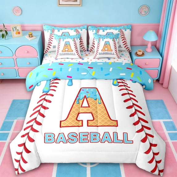 jejeloiu Baseball Ice Cream 7-Piece Twin Bedding Sets,Letter A Monogrammed Bedding Comforter Set For Boy Girl Reversible