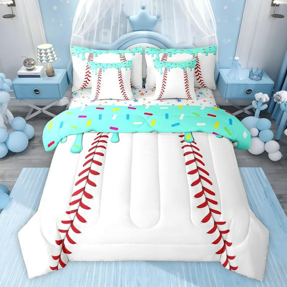 jejeloiu Baseball Ice Cream 7-Piece Twin Bedding Sets,White Cyan Red Bedding Comforter Set For Ball Gamer Reversible