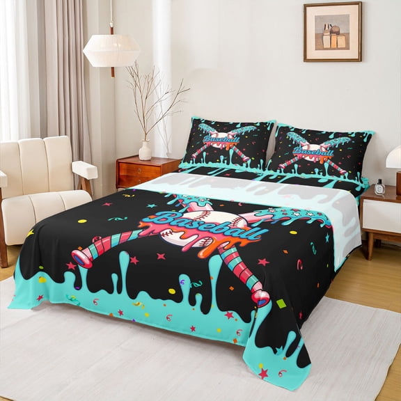 jejeloiu Baseball Ice Cream Twin Sheet Sets,Ball Sport Games Bedding For Girls Boys 3 Pieces