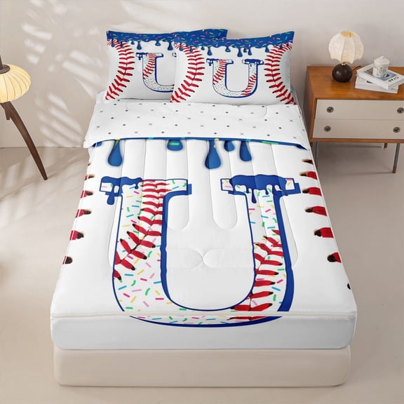 jejeloiu Baseball Monogrammed U Zipper Twin Comforter Sets with Fitted Sheet and 2 Pillowcases For Kids,Blue Ice Cream Zipper Bedding Set,Reversible,4 Pieces