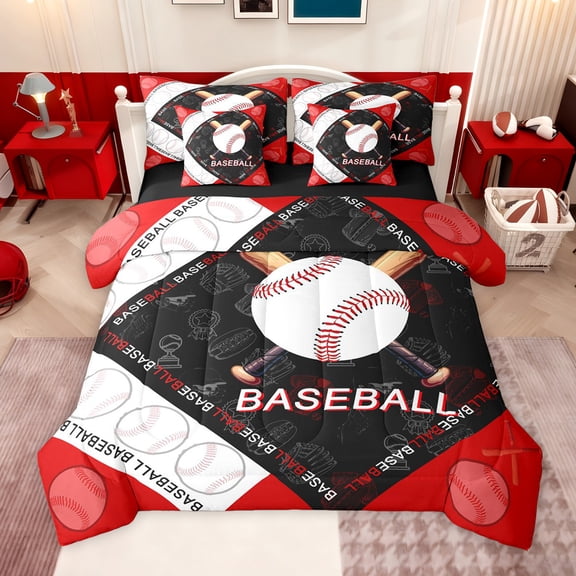 jejeloiu Baseball Pattern 7-Piece Twin Bedding Sets,Ball Sport Game Bedding Comforter Set For Boys Kids Reversible