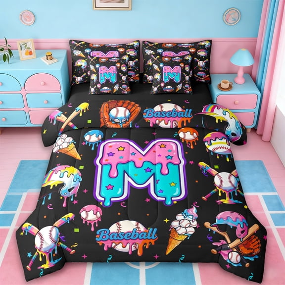 jejeloiu Baseball Personalized Gifts 7pcs Bedding Comforter Set,Ice Cream Letter M Queen Bedding Sets For Ball Gamer Reversible