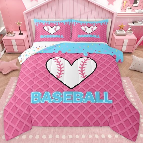 jejeloiu Baseball Print Loves Twin Comforter Sets,Cartoon Ice Cream Bedding Set For Girls Kids Reversible 2 Pieces