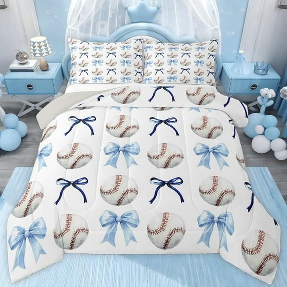 jejeloiu Baseball Print Twin Comforter Sets,Blue Cute Bows Bedding Set For Bowknot Girls Reversible 2 Pieces