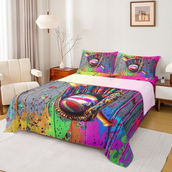 jejeloiu Baseball Queen Sheet Sets,Ball Sport Game Flat Sheet,Multicolor Splatter Ink Queen Fitted Sheet For Children,Microfiber Bedroom Decor,4pcs