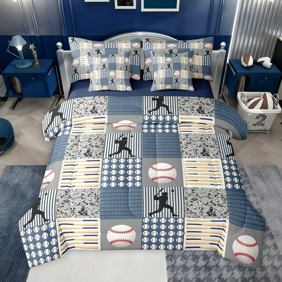 jejeloiu Baseball Sport Game 7pcs Bedding Comforter Set,Beige Blue Plaid Grid Queen Bedding Sets For Teens Reversible