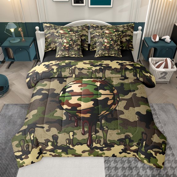 jejeloiu Baseball Sport Game 7pcs Bedding Comforter Set,Rustic Camouflage Hunting Queen Bedding Sets For Boys Teens Reversible