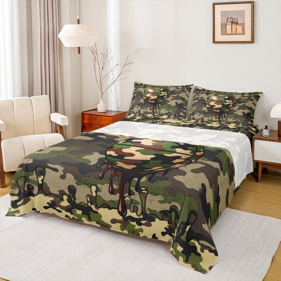 jejeloiu Baseball Sport Game Bed Sheets,Rustic Camouflage Hunting King Sheets For Boys Teens 4 Pieces