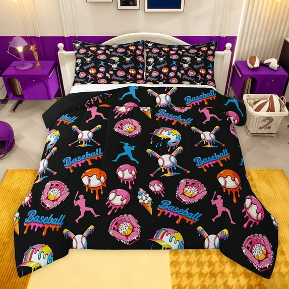 jejeloiu Baseball Sport Game Full Size Comforter Sets,Watercolor Graffiti Hippie Bedding Sets For Girls Boys Reversible 3pcs