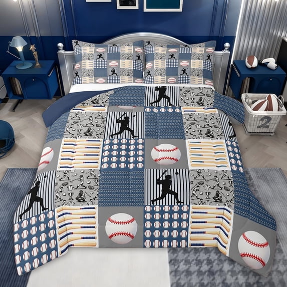 jejeloiu Baseball Sport Game Twin Comforter Sets,Beige Blue Plaid Grid Bedding Set For Teens Reversible 2-Piece