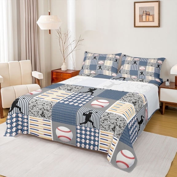 jejeloiu Baseball Sport Game Twin Sheet Sets,Beige Blue Plaid Grid Bedding For Teens 3-Piece