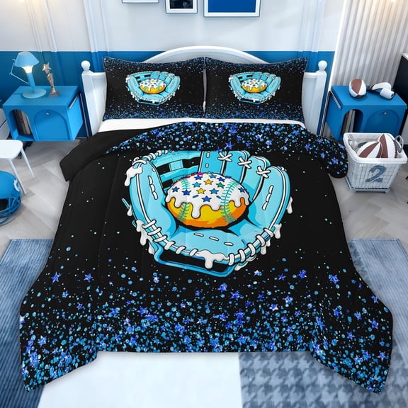 jejeloiu Baseball Sport Games Full Size Comforter Sets,Baseball Ice Cream Bedding Sets For Boys Girls Reversible 3-Piece
