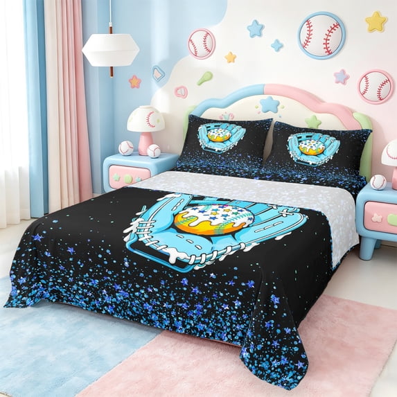 jejeloiu Baseball Sport Games Twin Sheet Sets,Baseball Ice Cream Bedding For Boys Girls 3pcs