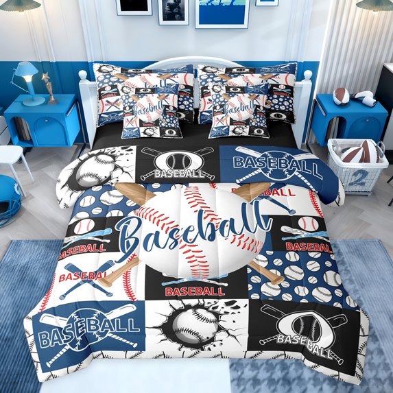 jejeloiu Baseball Sport Lovers 7-Piece Twin Bedding Sets,Boys Ball Game Bedding Comforter Set,Patchwork Geometric Plaid Sheet Sets For Girls Boys,Ultra Soft Home Decor Reversible