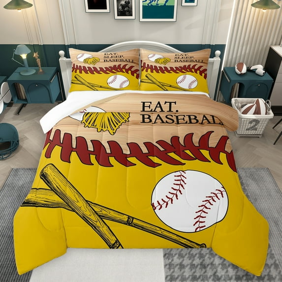 jejeloiu Baseball Sport Queen Comforter Set,Boys Ball Game Bedding Sets,Brown Orange White Bedding Comforter Set For Boys Teens,Breathable Home Decor,3pcs