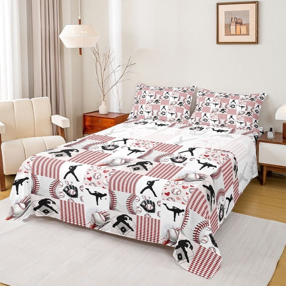 jejeloiu Baseball Sport Theme Twin Sheet Sets,Patchwork Geometric Plaid Twin Fitted Sheet,Red Cartoon Loves Flat Sheet For Boys Girls,Super Cozy Room Decor,3-Piece
